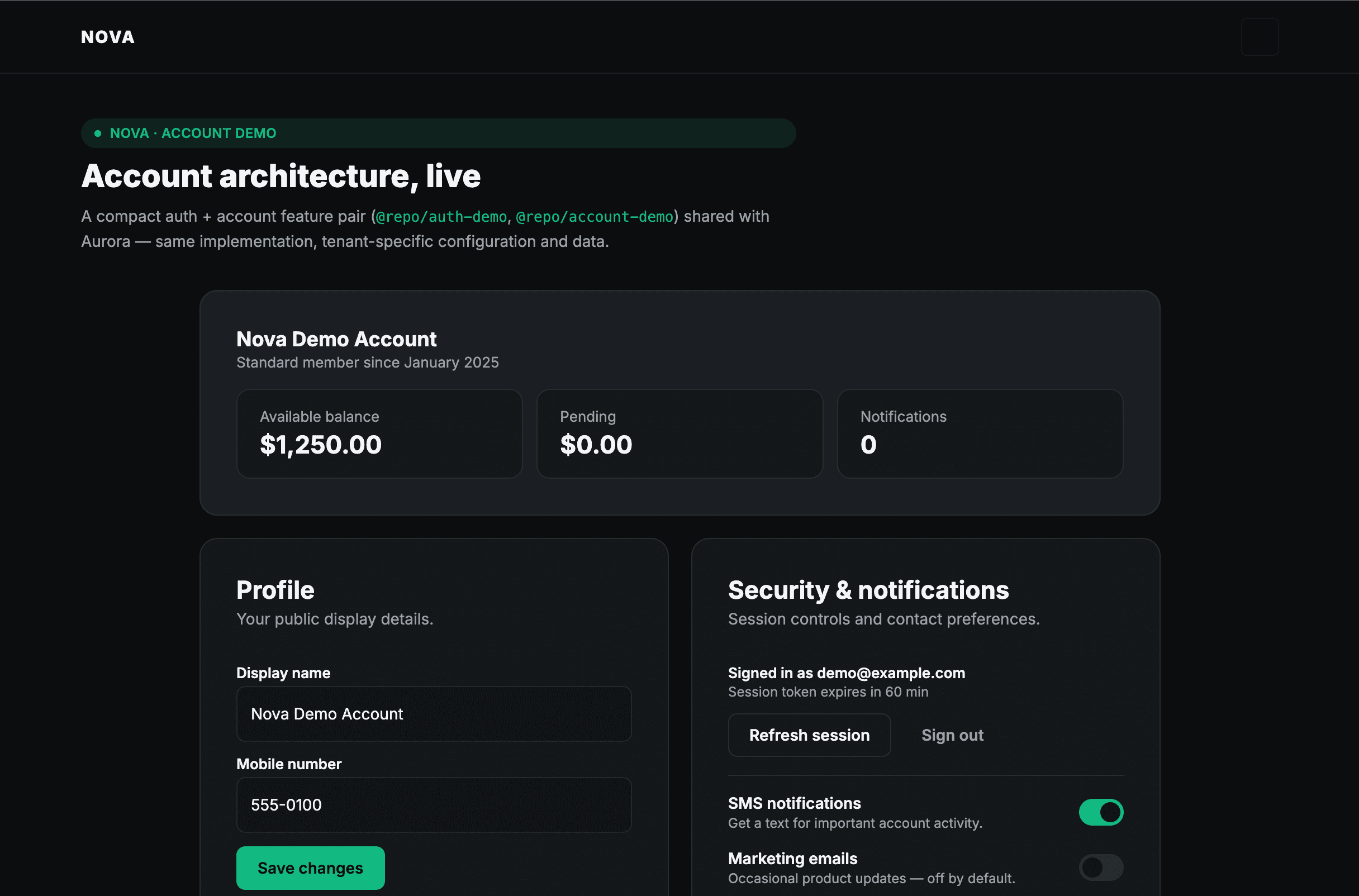 Nova's account screen from the shared account-demo feature package: Nova Demo Account, Standard membership, $1,250 balance, mobile number 555-0100.