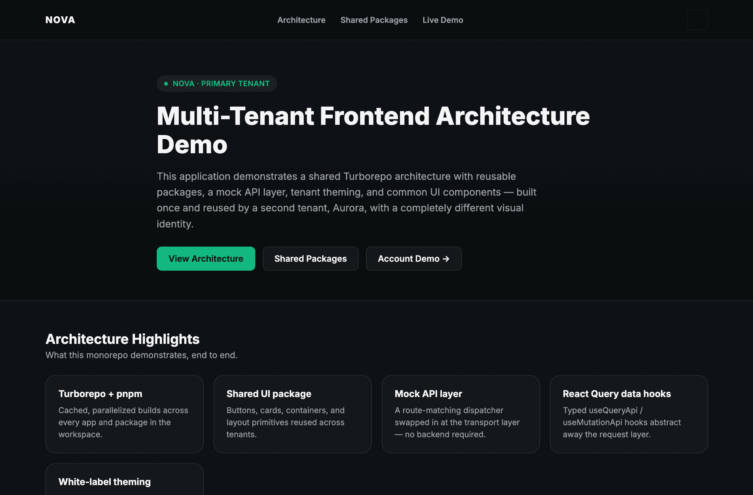 Nova tenant home screen, showing the shared Turborepo architecture rendered with Nova's own theme and branding.